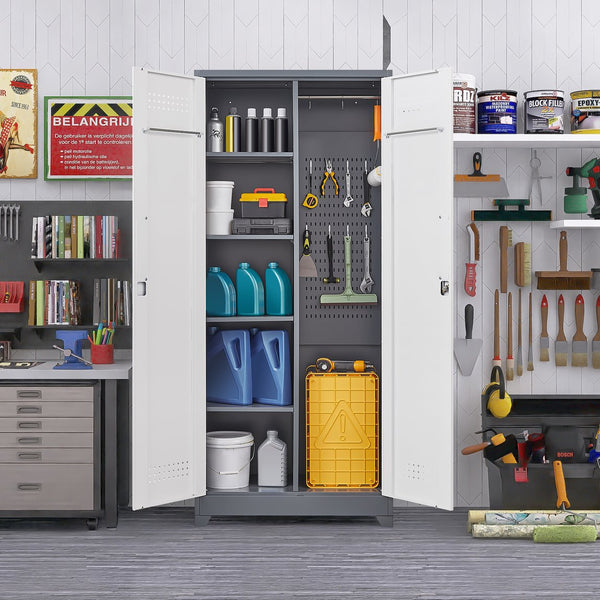 English Elm Gray Steel Locking Tall Storage Cabinet with Adjustable Shelves for Kitchen or Shop Grey+White T3625P372664