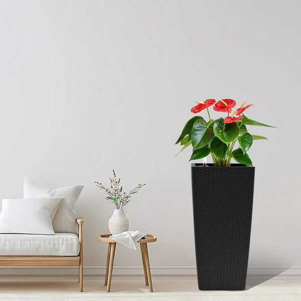 English Elm Pack of 2 Tall Square Faux Rattan Outdoor Planters with Auto Watering Patio Porch Set Black W3213P311468