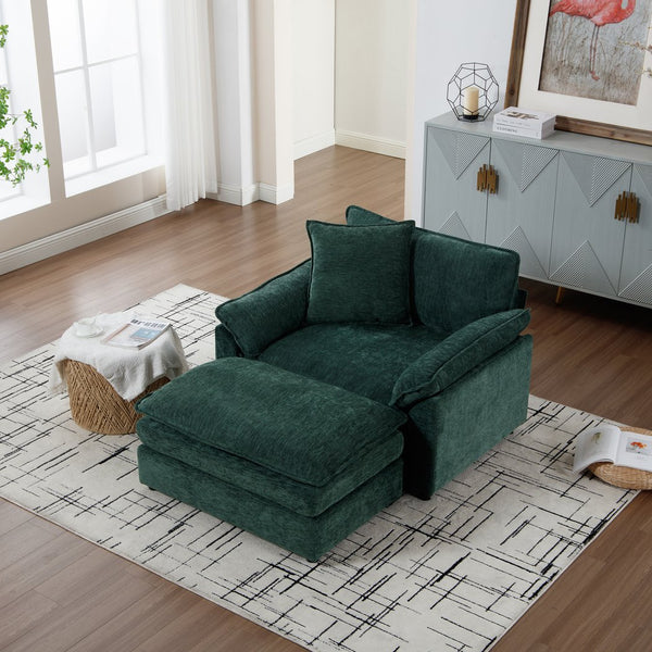 English Elm 44.5" Oversized Club Chair with Ottoman Chenille Upholstered Solid Wood Reading Seat Green W3244S00007