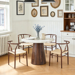 English Elm Table and Chair Set 42 Inch Round Stone Top with Rope Woven Wishbone Dining Seats W2920S00146