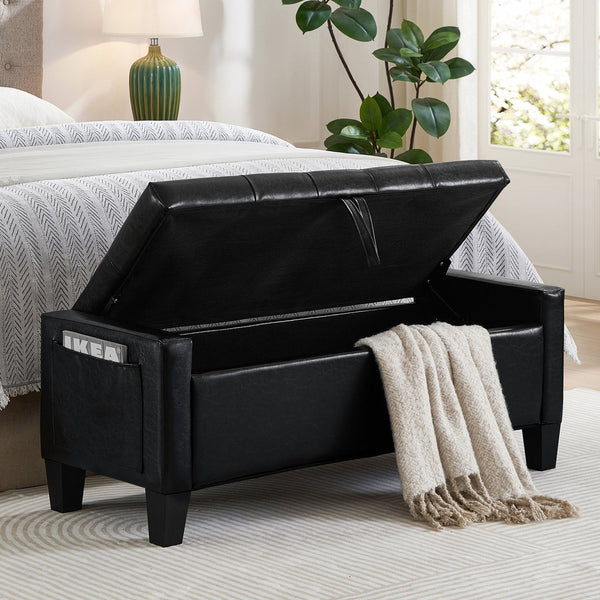 English Elm Ottoman Storage Bench Tufted Linen Upholstered Entryway Seat with Lift Top Shelf Black W2186P465443