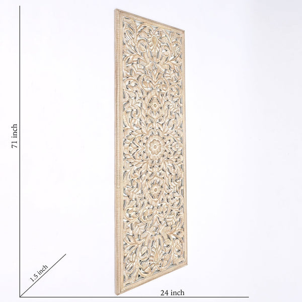 English Elm Wooden Mandala Wall Panel Hand Carved Floral Relief with Mirror Inlays Entryway Accent B346P353977