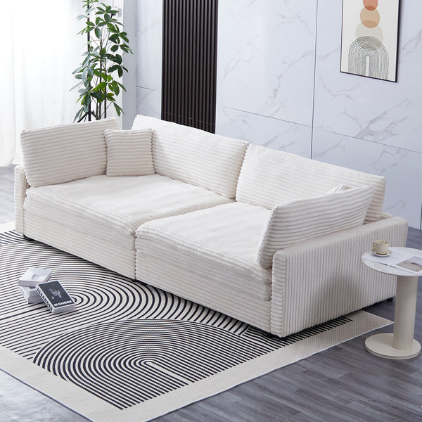 English Elm The 112-inch Corduroy Sofa in Beige with Two Pillows, Solid Wood Frame, S-Spring Comfort for 4-seat Living Room W3371S00006