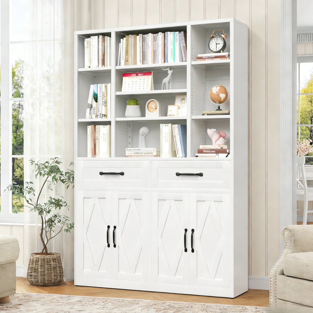 English Elm 71" Tall Metal Bookcase with Open Shelves Drawers and Cabinet Doors for Modern Office T2398S00001