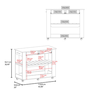 English Elm White Engineered Wood Rolling Kitchen Island with Drawers Cabinet and Open Shelving B062P439952
