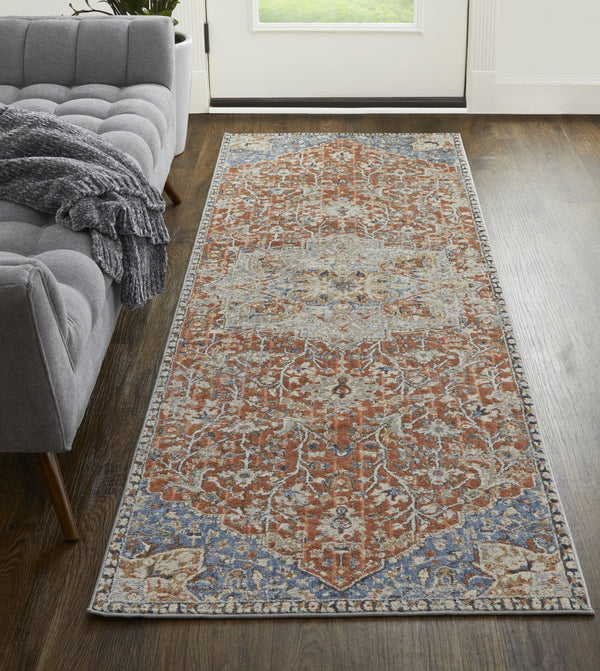 Feizy Rugs Kaia Luxurious Low Pile Area Rug – Soft, Durable Polypropylene Blend With Transitional Medallion Design Orange,Ivory,Blue Polypropylene,Viscose,Polyester Kai39hxfredblui10