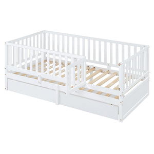 English Elm Twin Pinewood Daybed with Fence Guardrails Splits Into Two Floor Beds Storage White LP100881AAK