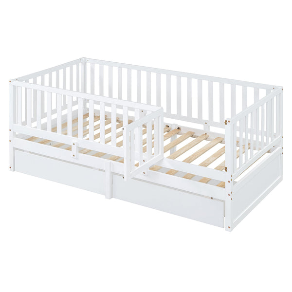 English Elm Twin Pinewood Daybed with Fence Guardrails Splits Into Two Floor Beds Storage White LP100881AAK