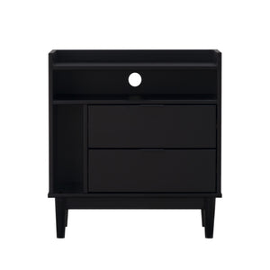 English Elm Walker Edison - Mid-Century Solid Pine 2-Drawer Gallery Nightstand with Tray Top, Open Cubby & Metal Pulls Black 28 L x 21 W x 7 H B185P168986