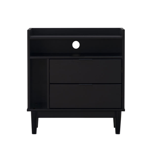 English Elm Walker Edison - Mid-Century Solid Pine 2-Drawer Gallery Nightstand with Tray Top, Open Cubby & Metal Pulls Black 28 L x 21 W x 7 H B185P168986