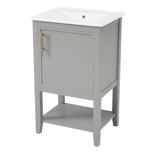 English Elm 20" Matte Freestanding Bathroom Vanity Rubberwood Cabinet Ceramic Sink Open Shelf Grey N725P391115E