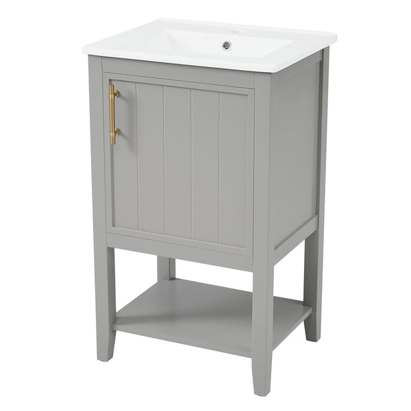 English Elm 20" Matte Freestanding Bathroom Vanity Rubberwood Cabinet Ceramic Sink Open Shelf Grey N725P391115E