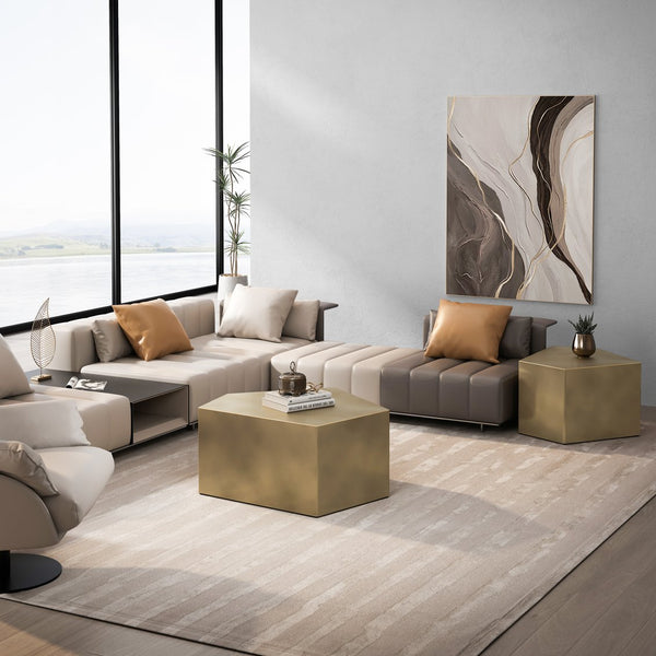 English Elm Irregular Geometric Nesting Coffee Table Set with Durable MDF Finish, Space-Saving Modern Accent Tables Set Antique Gold W757P206012