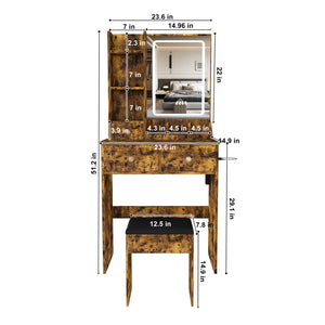 English Elm Modern Vanity Desk with Led Mirror 3 Drawers Built-in Outlet and Matching Chair Antique Brown W509P465834