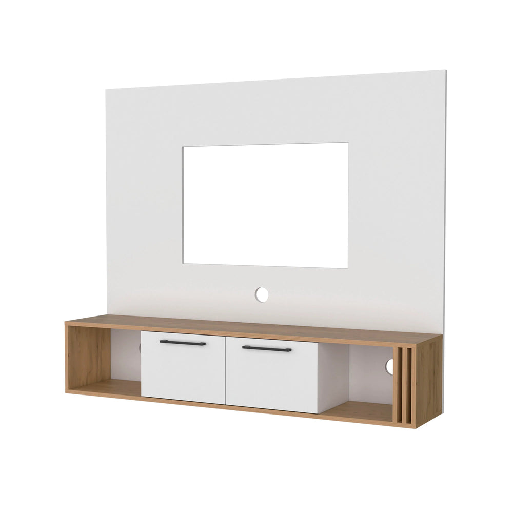 English Elm White Entertainment Center with Natural Oak Finish, 4 Shelves & Cable Management for Clutter-Free Living Room Storage B062P290235