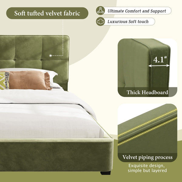 English Elm Christopher Knight Home® - King Size Velvet Bed Frame - Luxurious Olive Green Upholstered Platform Bed With Curved Headboard N757P235227A