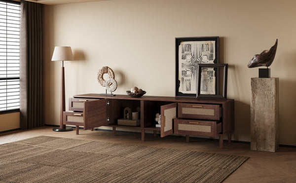 English Elm 78 Inch Rattan Media Console with Pine Legs Four Drawers Modern Living Room Tv Stand N710P365048P