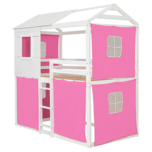 English Elm Twin Treehouse Bunk Bed Solid Pine Playhouse Frame with Cozy Canvas Tent Hideaway LT000379AAH-1