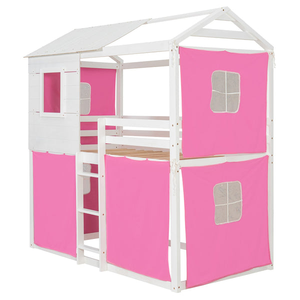 English Elm Twin Treehouse Bunk Bed Solid Pine Playhouse Frame with Cozy Canvas Tent Hideaway LT000379AAH-1