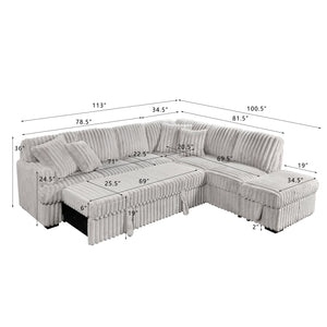 English Elm Corduroy L-Shape Sleeper Sofa with Storage Ottoman and Easy Pull-Out Bed Convertible for Living Room Gray W1417S00175