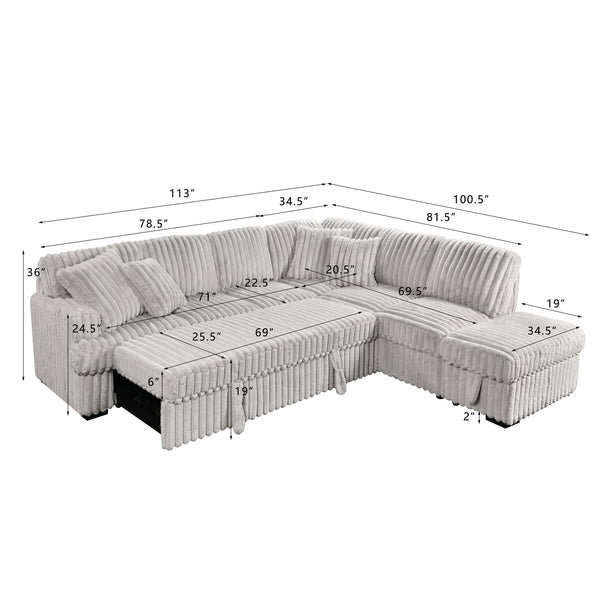 English Elm Corduroy L-Shape Sleeper Sofa with Storage Ottoman and Easy Pull-Out Bed Convertible for Living Room Gray W1417S00175