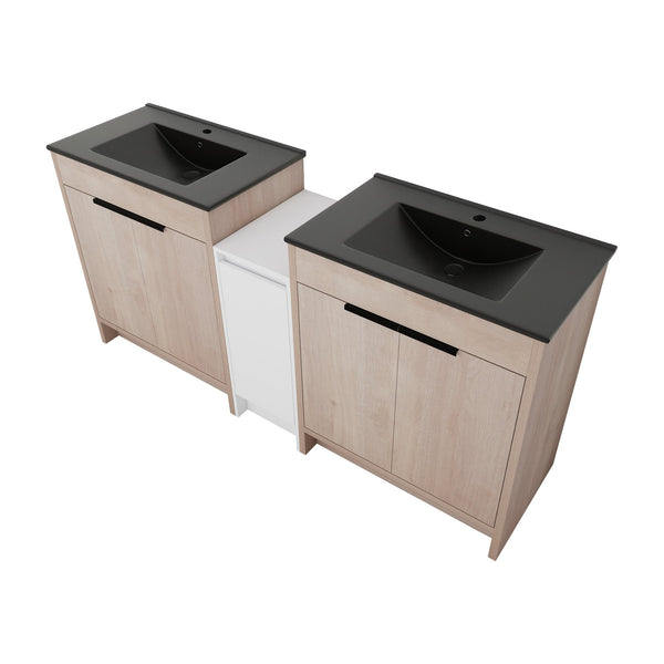 English Elm 72 Inch Freestanding Bathroom Vanity Set With Black Ceramic Sinks, Soft-Close Doors & Storage Solutions W999S00319