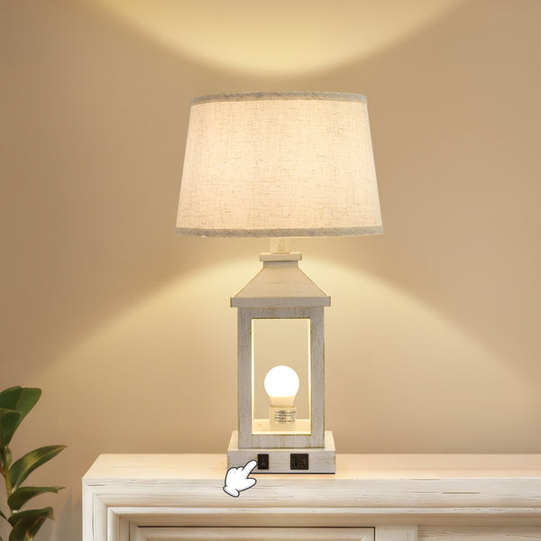 English Elm 20.5" Vintage Table Lamp Set of 2, White Gold Farmhouse Nightstand Lamps with Linen Shade, USB-C+A Ports and Soft Nightlight W2312P389976