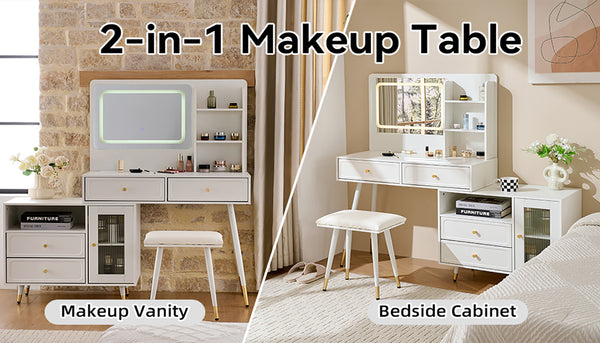 English Elm Modern Makeup Vanity Desk with LED 3-Color Mirror, Built-In Power Station, Sliding Cabinet, Stool White N844P288432A