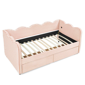 English Elm Twin Gingham Linen Daybed with Wave Silhouette Usb Port and Dual Storage Drawers Pink W1413S00142