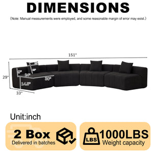 English Elm Two Curved Chenille Sectional Sofa with Sculptural Modular Design and Four Throw Pillows Black W834S00579