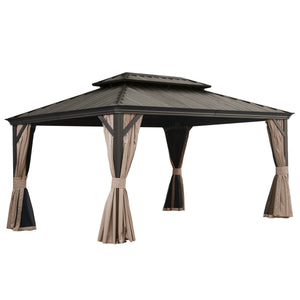 English Elm 12' X 16' Hardtop Gazebo With Enhanced Drainage, Dual-Layer Steel Roof, Privacy Curtains & Netting W1859S00142