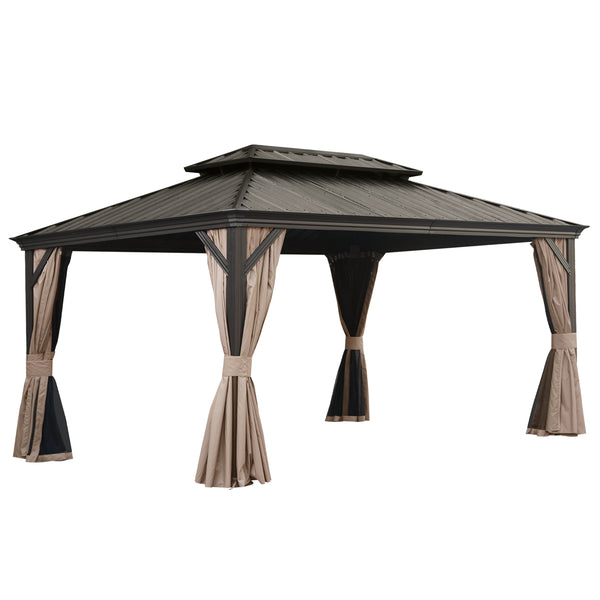 English Elm 12' X 16' Hardtop Gazebo With Enhanced Drainage, Dual-Layer Steel Roof, Privacy Curtains & Netting W1859S00142