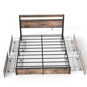 English Elm Queen Metal Platform Bed with Rgb Led Headboard Charging Station and Underbed Storage T3963P482749