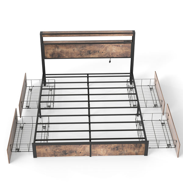 English Elm Queen Metal Platform Bed with Rgb Led Headboard Charging Station and Underbed Storage T3963P482749