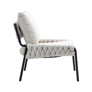 English Elm Modern Accent Lounge Chair with Braided Fabric Upholstery, Ergonomic Backrest, Plush Cushioning, Metal Frame, Adjustable Feet - Stylish Living Room Armchair Beige W2215P252349