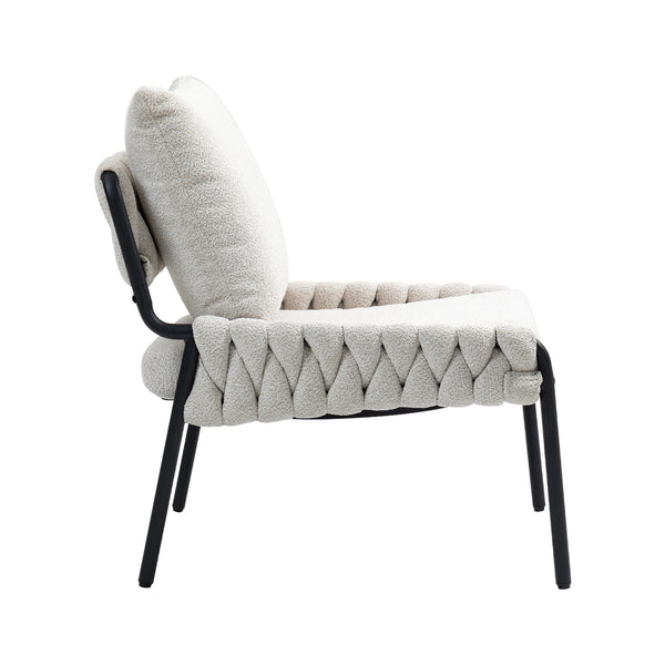 English Elm Modern Accent Lounge Chair with Braided Fabric Upholstery, Ergonomic Backrest, Plush Cushioning, Metal Frame, Adjustable Feet - Stylish Living Room Armchair Beige W2215P252349