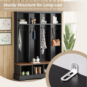 English Elm Farmhouse Hall Tree with Triple Arch Back Panel Eight Hooks Drawers and Entryway Bench Black N721S000075B