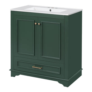 English Elm 30" Elegant Bathroom Vanity with Ceramic Sink, French-Inspired Compact Cabinet with Drawer & Shelf Green N710P317676F