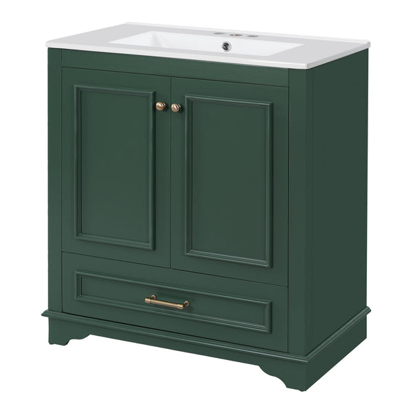 English Elm 30" Elegant Bathroom Vanity with Ceramic Sink, French-Inspired Compact Cabinet with Drawer & Shelf Green N710P317676F