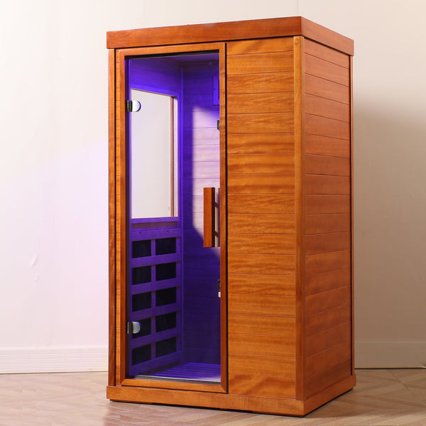 English Elm Infrared Dry Sauna with Okoume Wood Chromotherapy Lighting and Carbon Fiber Heat Panels W3973S00006