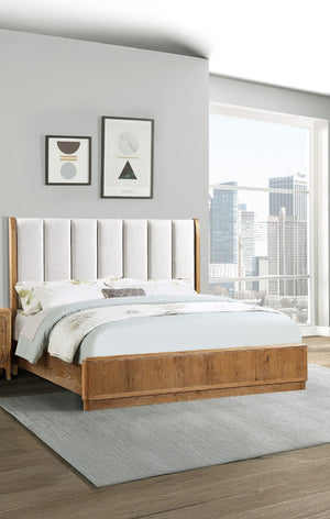 English Elm 1Pc Queen Bed - Elegant Off-White Upholstered Headboard & Rich Natural Wood Finish For Modern Homes B2741S00595
