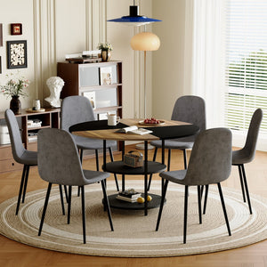 English Elm Table and Chair Set Sunburst Mdf Round Dining for Six with Dual Shelf Black Metal Legs W1151S03850