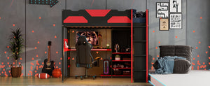 English Elm Full Size Loft Bed with Rgb Lighting Usb Charging Desk Wardrobe and Storage Shelves Red LT000387AAJ