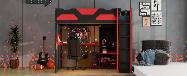English Elm Full Size Loft Bed with Rgb Lighting Usb Charging Desk Wardrobe and Storage Shelves Red LT000387AAJ