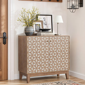 English Elm 31.5-inch Farmhouse Sideboard Geometric Doors Distressed Wood Finish Dining Storage Cabinet W1706P311104