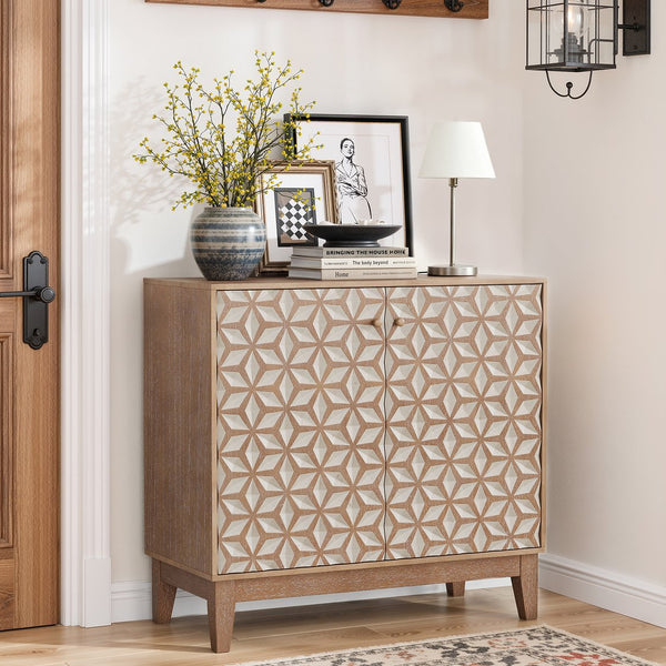 English Elm 31.5-inch Farmhouse Sideboard Geometric Doors Distressed Wood Finish Dining Storage Cabinet W1706P311104