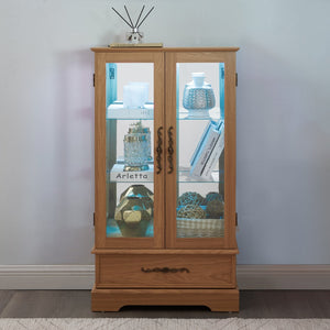 English Elm Lighted Glass Curio Display Cabinet - Elegant Oak Finish, Led Lighting, Adjustable Shelves & Secure Storage W1758P290020