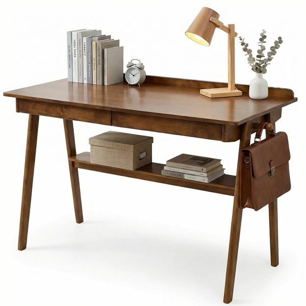 English Elm Solid Wood Writing Desk Mid Century Walnut Finish Two Drawers Shelf and Side Hooks W3204P465630