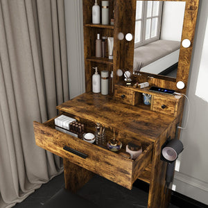 English Elm Vanity compact dressing desk with LED mirror, 3-color dimmable lights, drawers, stool, outlet Vintage W2699P345802