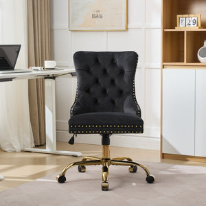 English Elm A&A Velvet Tufted Office Chair with Hand-Pulled Buttons, Nailhead Trim & Golden Metal Base, Luxe Comfort Black W1143P292465